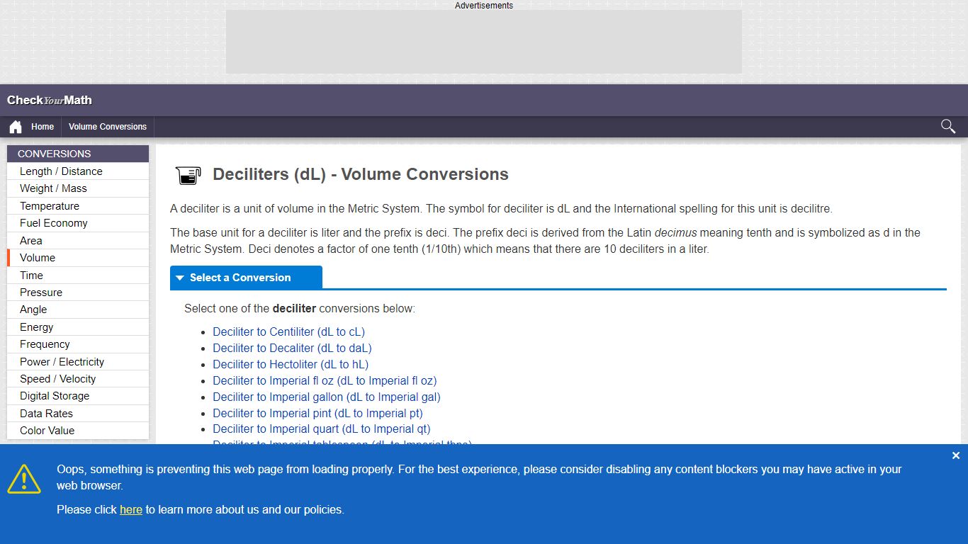 Deciliters (dL) - Volume Conversions - CheckYourMath